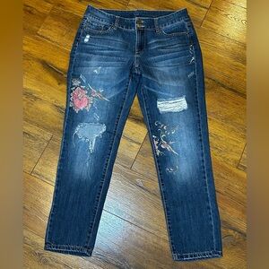 NY&CO SoHo Women's 8 Boyfriend Jeans, Soft Printed Hearts/Birds, Distressed